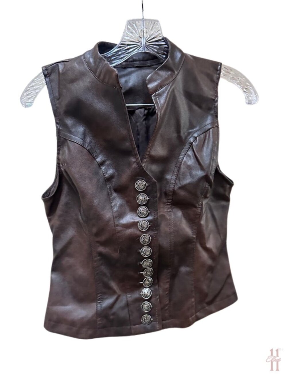 NEW Faux Leather Brown Sleeveless Vest Button Top - Misses Small